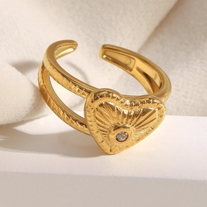 Bague coeur plaquée or 18 carats avec double anneau et zircon brillant serti au centre