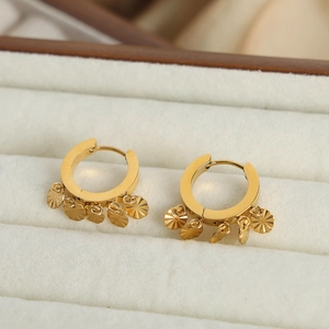 Boucles D'oreilles Créoles En Acier Titane Doré Avec Pendentifs Disques Ronds À Rayures Radiales Bijoux Minimalistes Pour Femmes