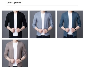 Detailed color selection showing black, grey, blue, and khaki knit cardigans with pockets