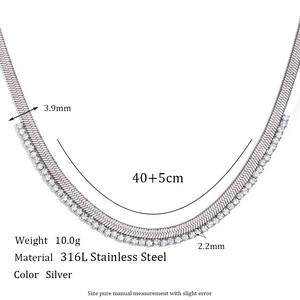 Double layered 316L stainless steel necklace with flat snake chain and silver tennis chain