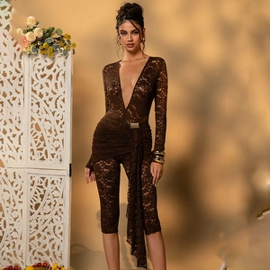Detail of deep V-neck lace bodysuit in dark brown with elegant waist draping design