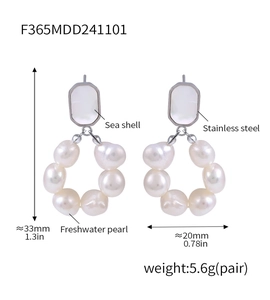 Detail showing dimensions of seashell earrings with freshwater pearls and stainless steel