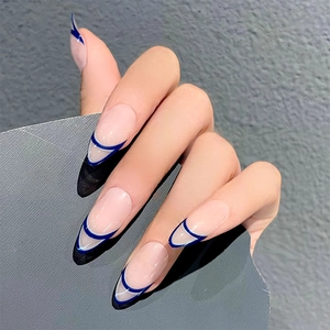 Blue French tip almond shaped press-on nails with transparent base for natural look