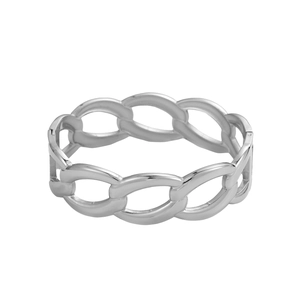 Macro view of silver hollow chain ring showcasing polished metal texture and links