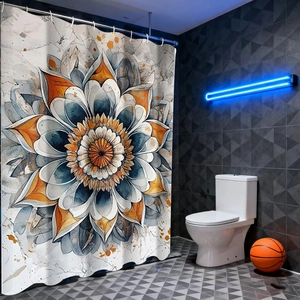 Detail of waterproof polyester shower curtain with artistic mandala floral pattern
