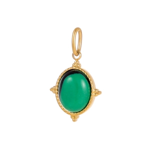 Close-up of golden stainless steel oval pendant with a green gemstone inlay