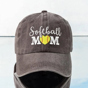Detail of embroidered Softball MOM text with heart ball on dark gray washed cotton cap