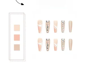 Detail of luxury rhinestone press-on nails in nude pink with white marble swirl patterns