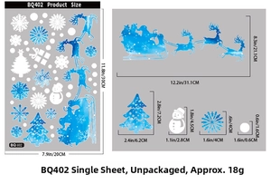 Size specifications for Christmas window decals showing dimensions of Santa and tree stickers