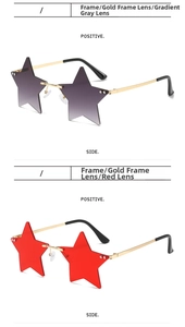 Detail view of star-shaped rimless sunglasses with gold metal frames in grey and red