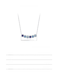 Detailed S925 sterling silver necklace specs showing 9x34mm blue zircon pendant dimensions
