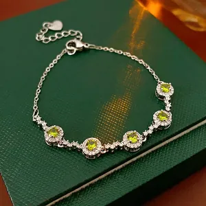 Elegant Round Green Zircon Bracelet Women Copper Silver Tone Light Luxury Vintage Halo Niche Jewelry Adjustable Heart Charm