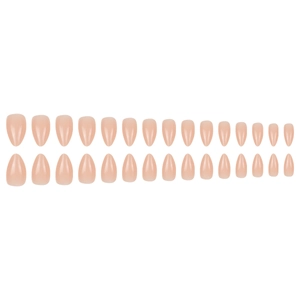 Set of 30 glossy almond press-on nails in nude pink color on white background