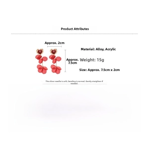 Size chart showing red heart acrylic petal tassel earrings measuring 7.5cm by 2cm dimensions