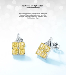 Macro view of ice-cut yellow carbon diamond studs in a square silver setting