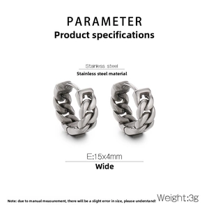Detailed close-up of retro stainless steel curb link hoop earrings with size parameters