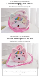 Detailed view of colorful plush unicorn bag showing soft faux fur and embroidery details