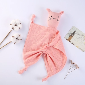 Pink cat-shaped double-layer cotton gauze baby security blanket with knotted corners