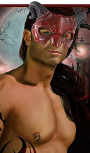 Detail showing dark red demon half-mask with horns and textured finish on male model