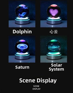 Detail of 3D laser-engraved crystal balls featuring Galaxy, Saturn, and Dolphin designs