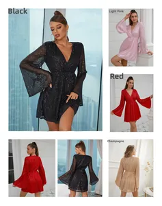 Dettagli di abiti con paillettes con scollo a V e maniche a campana in nero, rosa e rosso