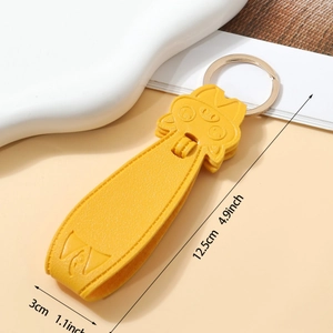 Yellow cat PU leather keychain with gold metal ring, length 12.5cm, width 3cm