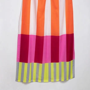 Slim fit striped color-block sling dress with vibrant orange, pink and neon yellow patterns