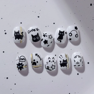 3D cute black cat nail art stickers set with white glitter base and star patterns