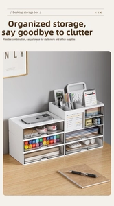 Macro shot of desk organizer with clear drawers and dividers for office stationery