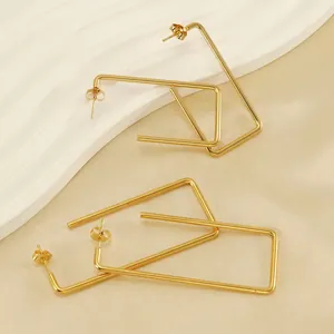 Geometric Rectangle Hoop Earrings For Women 18K Gold Plated Stainless Steel Minimalist Modern Punk Style Jewelry