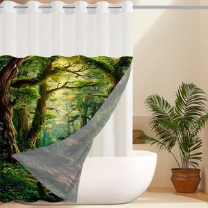 Close-up of waffle weave shower curtain with forest print and silver metal rings