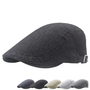 Béret Casquette Plate Homme Pur Coton Rayé Réglable Été Protection Solaire Extérieur Rétro Style Britannique Classique