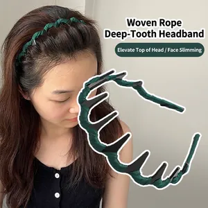 Dark green braided fabric headband with deep non-slip teeth for high crown styling