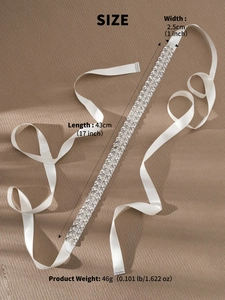 Detailed size chart for crystal bridal belt with silver rhinestones and white satin ribbon