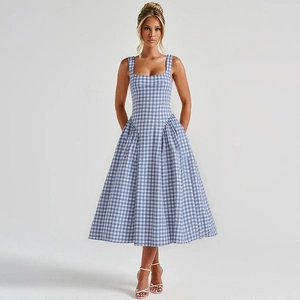 Blue and white plaid A-line midi dress with square neck and sleeveless backless design