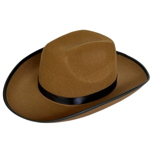 Detail of caramel brown felt cowboy hat showing wide brim with black edge piping