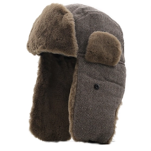 Winter Trapper Hat Men Herringbone Woolen Fabric Faux Fur Lining Thickened Warm Ear Flaps Windproof Bomber Hat