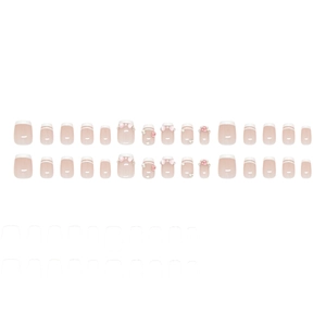 Pink and white gradient French press-on nails with 3D bows, pearls and sparkling rhinestones