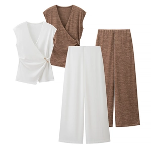 Damen Strickset 2-Teiler mit V-Ausschnitt Wickeloberteil, Schnalle und weiter Hose