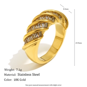 18K gold plated stainless steel twisted ring with rectangular zircon gemstone