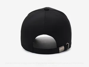 Rear view of black baseball cap showing the adjustable matte metal buckle detail