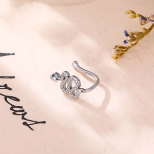 Fashionable silver snake U-shaped faux nose ring with green zircon stones for women