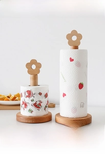 Vertical beech wood kitchen towel holders in two sizes showing paper roll storage