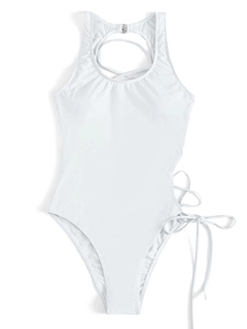 Detail of white high-cut swimwear with side lace-up ties and hollow out back design
