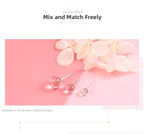 Three sizes of faceted crystal ball stud earrings on a soft pink floral background