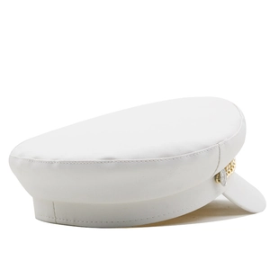 White leather captain hat with gold chain and metal button detailing in a side view