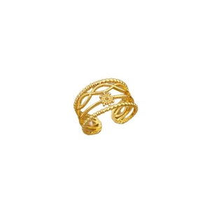 Bague ouverte ajustable dorée au design évidé multicouche et pendentif soleil