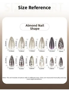 Detailed size chart for black almond press-on nails featuring 24 pieces in 12 varied sizes
