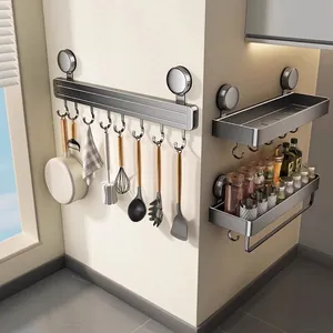 Suction Cup Kitchen Hook Rail Rack Aluminum ABS No Drilling Wall Mounted Vacuum Sucker Removable Sliding Organizer
