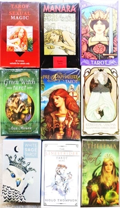 Grid view of various themed tarot and oracle card boxes including Sexual Magic and Manara
